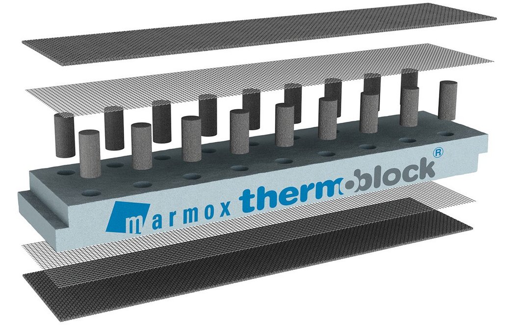 Marmox Thermoblocks are formed from sections of XPS and consist of two rows of high strength, epoxy concrete mini-columns attached at either end to the top and bottom layers of glass-fibre reinforced polymer concrete.