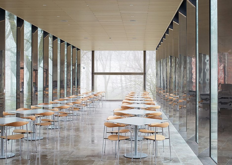 Mist and reflections as the stainless steel mullions (and sometimes columns) edge the cafe.