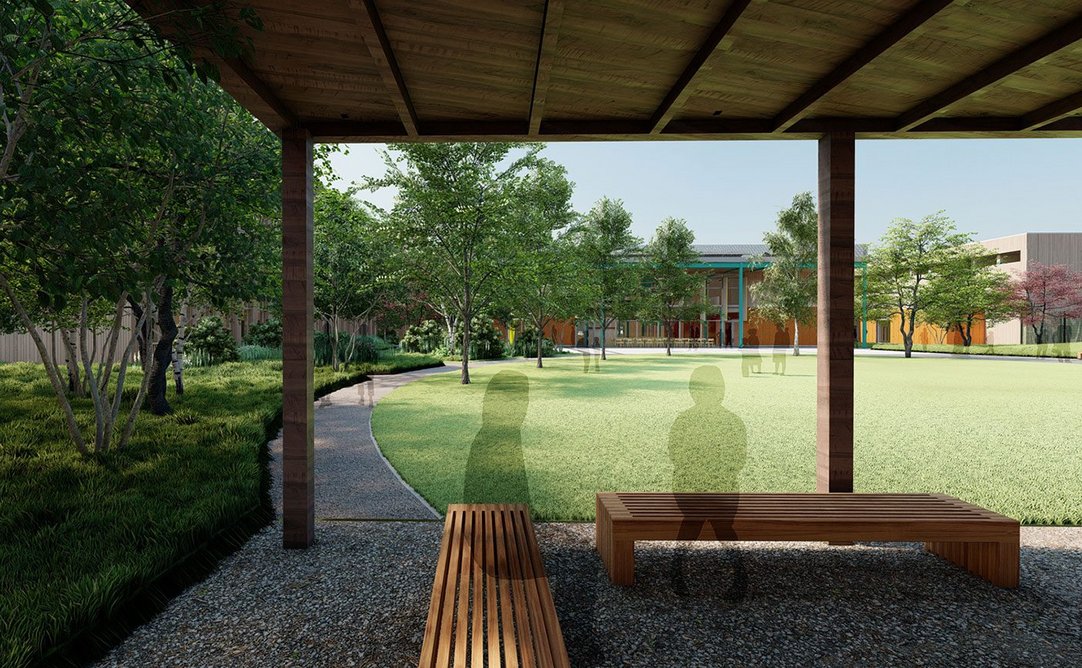Render of outdoor spaces at the GenZero prototype secondary school. The concept seeks to encourage active engagement with the outdoors.