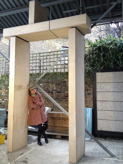 Timber mock-up of stone pier by Szerelmey for Kings Gate in Victoria. Photo: Lynch Architects