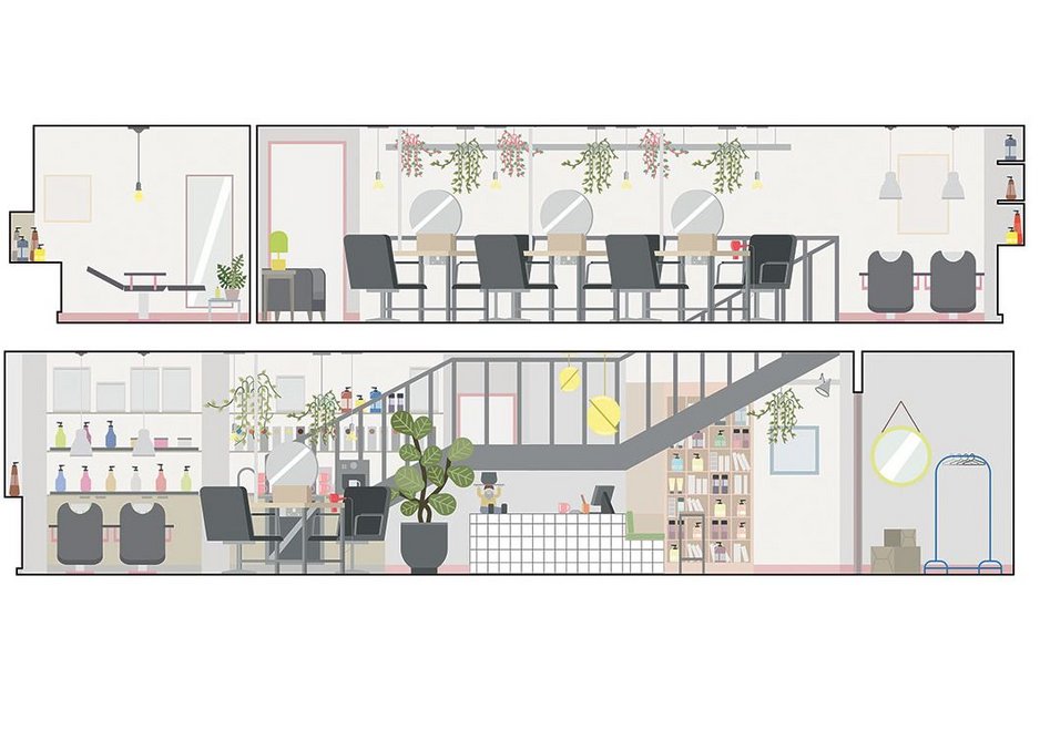 Designs for the ground and first floors of Hazel + Hayden. It converts a 1980s office.