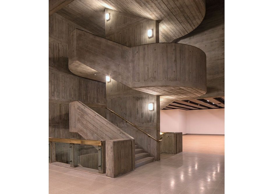 The Hayward Gallery’s refurbished concrete stair, with new terrazzo floor and refinished original maple flooring beyond.