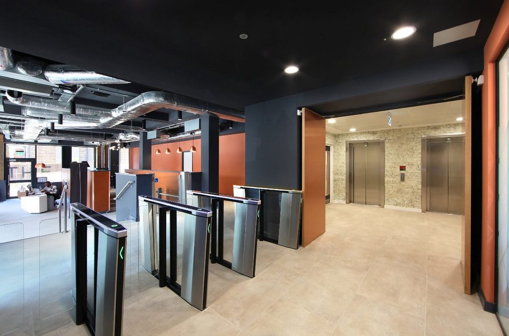 The turnstiles have been installed between the lower level reception and the lift lobby.