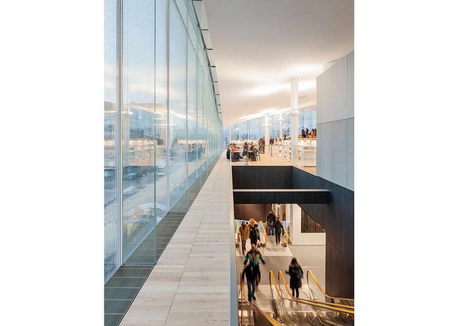 East side looking north. Banks of escalators connect the three main levels.