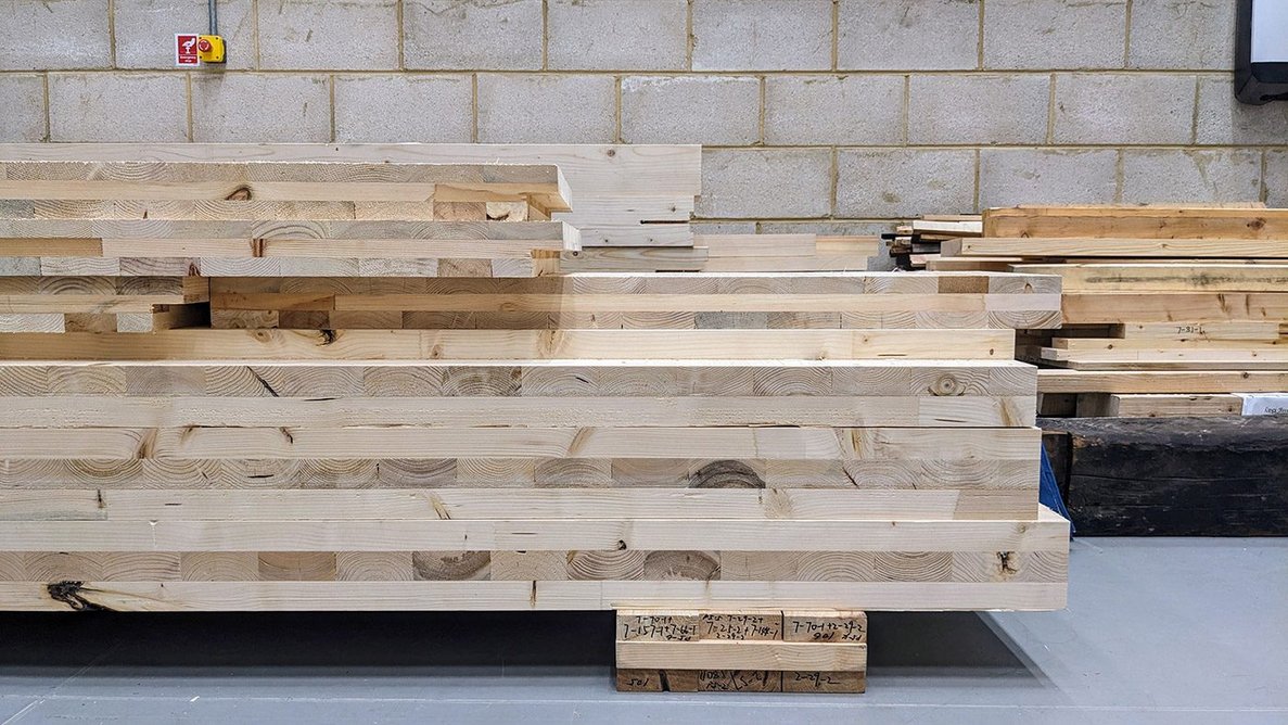 CNC-cut cross-laminated secondary timber panels at UCL's Here East campus in London, 2024.