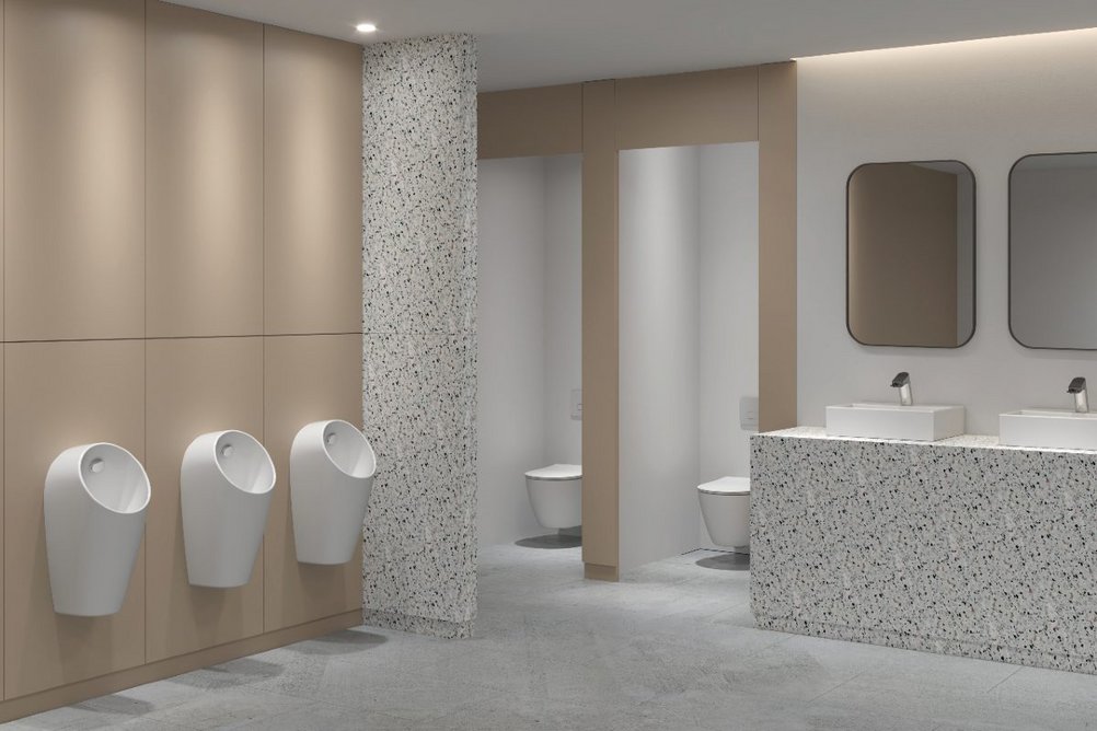 Armitage Shanks Sphero urinals and half-flush WCs and Ideal Standard Intellimix taps.
