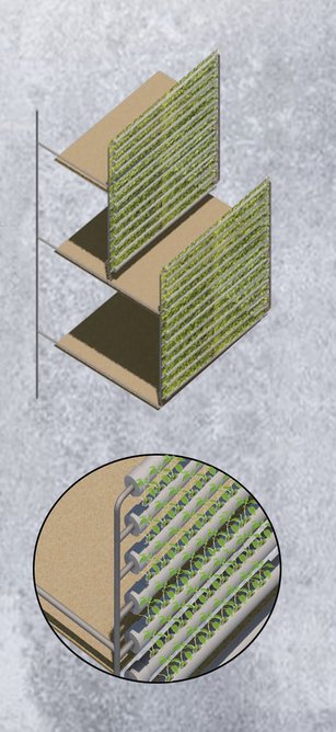 Hydroponics cool the interior space as well as generating food for the domestic unit.