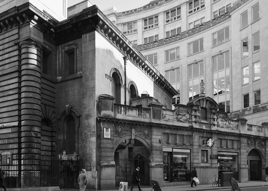 Sidney R.J.Smith’s 1899-1900 entrance to Bank Station adjoining St Mary Woolnoth to the south.