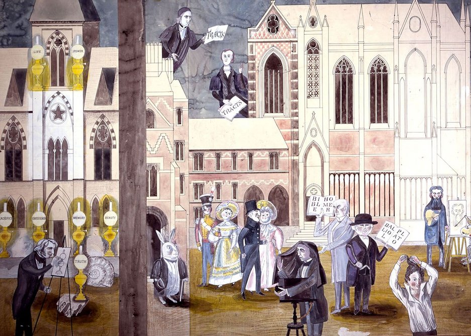 Edward Bawden, cartoon for murals at Blackwells Bookshop, Oxford with John Ruskin outside the University Museum of Natural History with the Seven Lamps of Architecture.