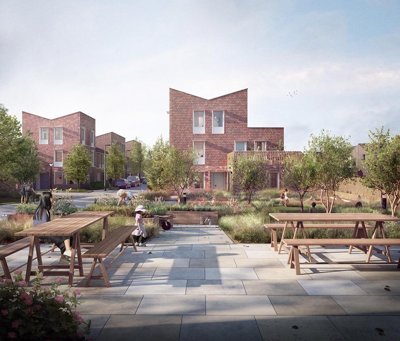 Mikhail Riches' Ordnance Lane scheme has shared green spaces between homes and a focus on butterfly roofs that conceal PV panels for green energy generation. Completion is anticipated in 2024.