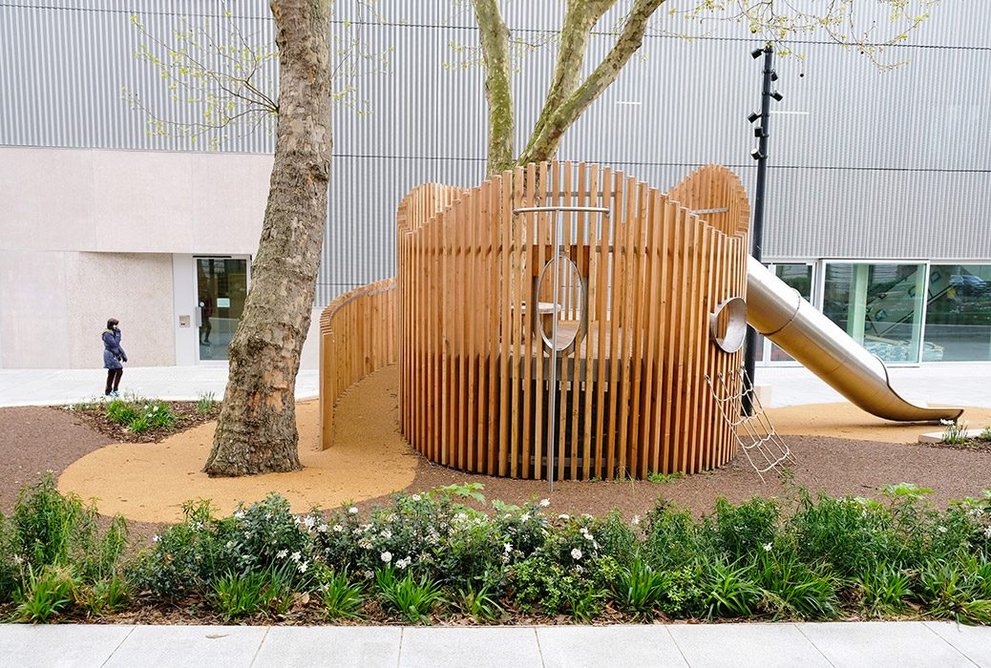 The Playequip design includes larch cladding and stainless steel play components.