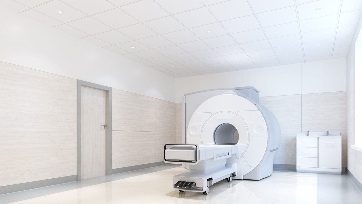 Hospital MRI scanning space with Biobloc Plain ceiling tiles: designed for areas where the risk of infection varies from moderate to severe.