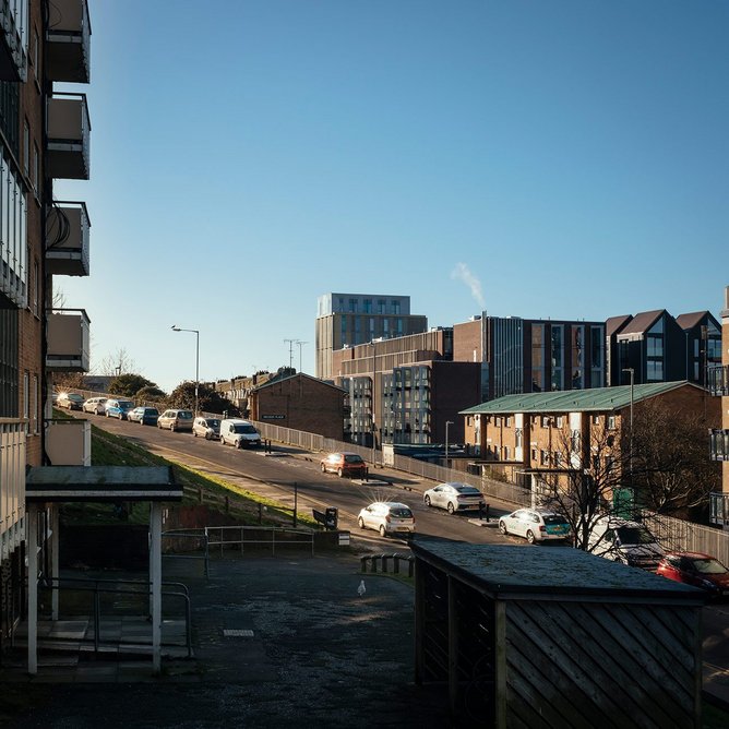 Student accommodation viewed from the north-east, facing existing housing.