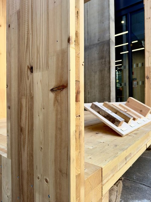 A close-up of the cross-laminated structure of the CascadeUp pavilion at the Festival of Engineering, 2024.