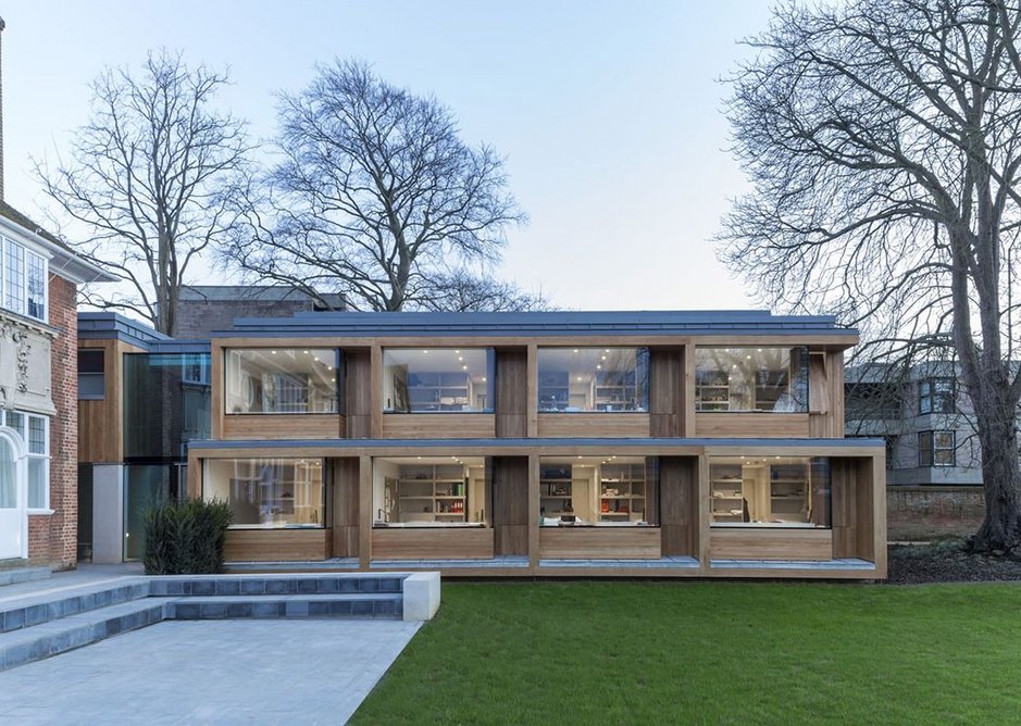 Education and public sector – St Clare's, Oxford by Hodder + Partners. New quad made of oak-veneered prefab units.