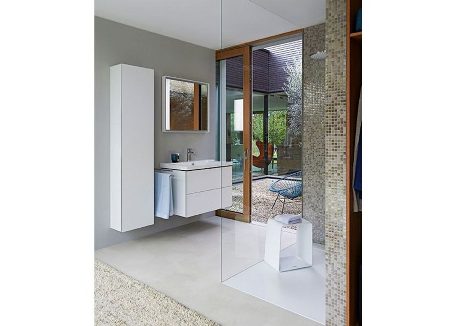 The shower stool also offers shelf space and  serves as an attractive design object in the shower.