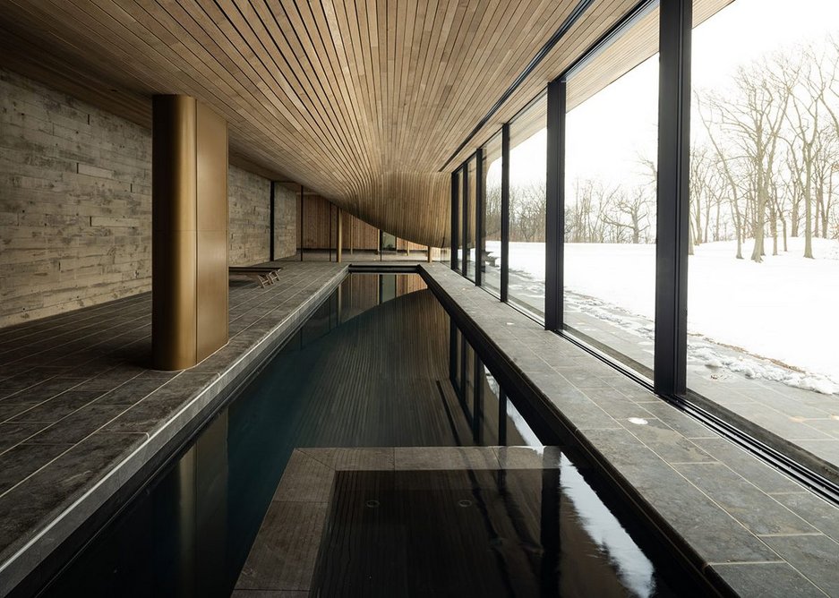 The building is all about the pool as a kind of second home in the garden. The ceiling drops down to accommodate an external stair over the roof.