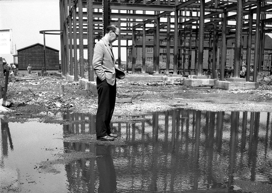 Larkin’s self portrait on the site of his first new library at Hull in the late 1950s.