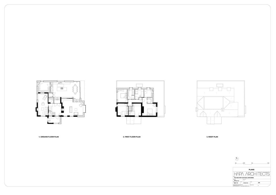 Ground, first floor and roof plans.