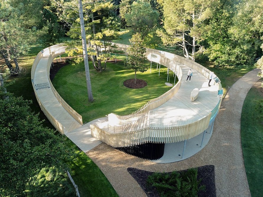 The Rising Path, a viewing platform designed by Chadwick Dryer Clarke Studio at the Cambridge Botanical Gardens allows visitors to be closer to the surrounding trees canopy.