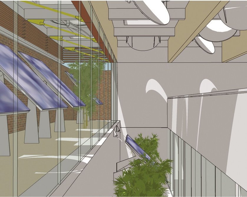 View of lightwell showing windowscopes at each level; windowscope test model.