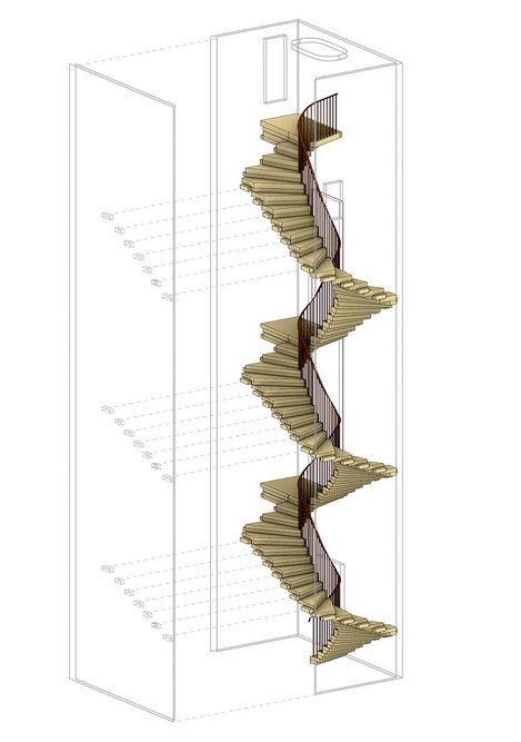 The staircase’s continuous fan allowed the stair design to deal with the existing floor-to-floor flights.  Grd-2nd FL= 80mm stair tread + 80mm wedge tread. 2nd-3rd FL= 120mm stair tread + 90mm wedge tread