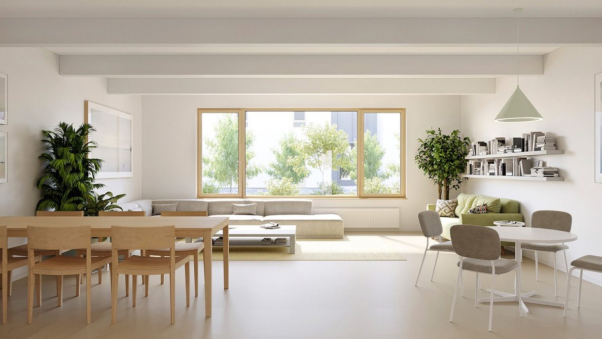 The living room takes up two bedroom space units as a communal space.