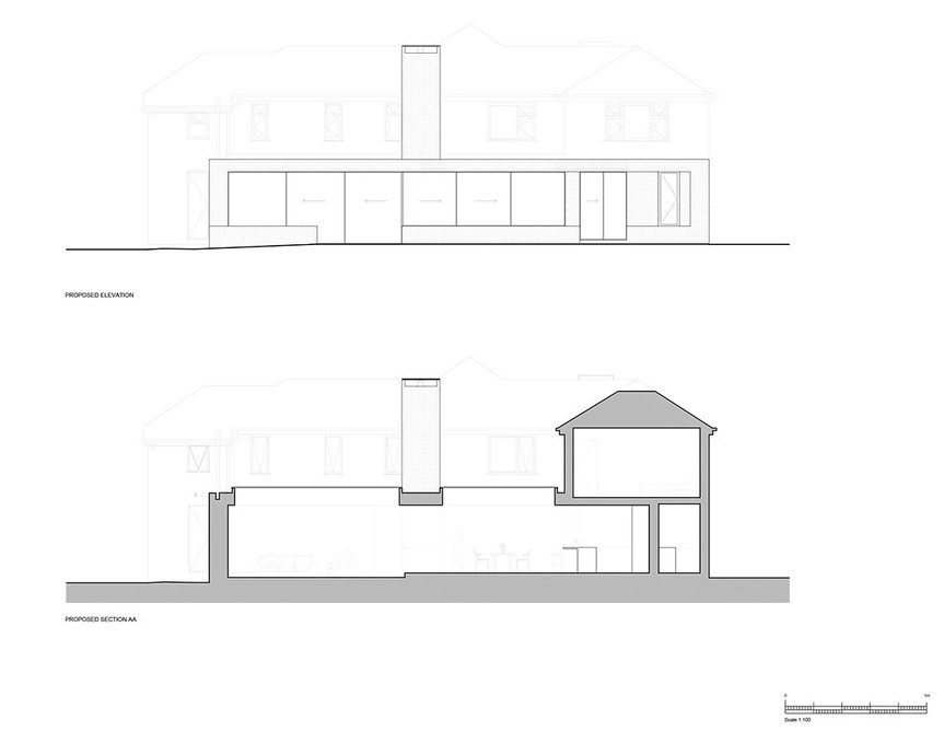 Long elevation and section through the rear extension.