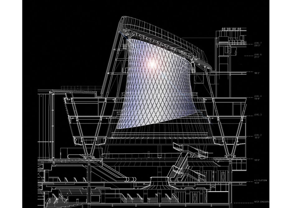 The cable-net structure of the oculus clad in aluminium panels.
