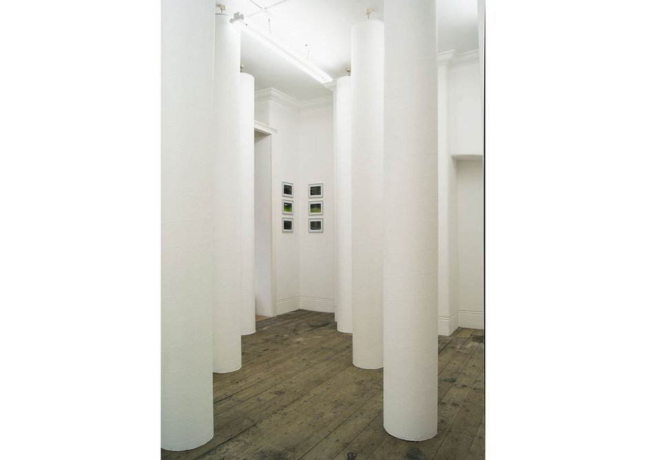 Installation view through columns within the Jacques Hondelatte exhibition at Betts Project gallery.