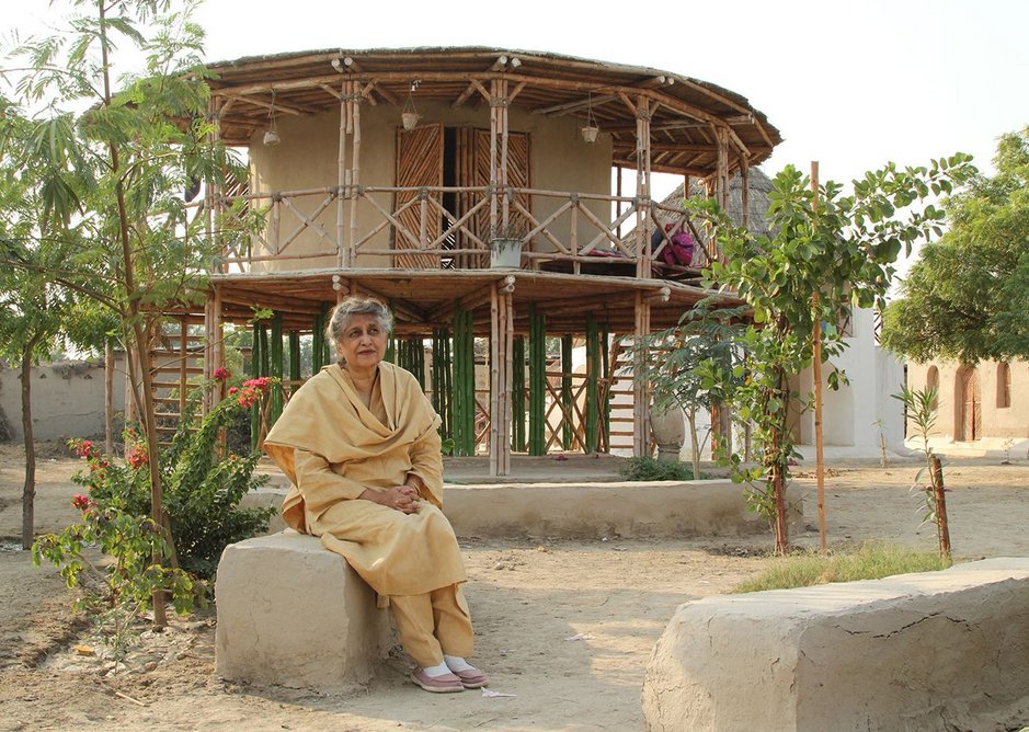 Yasmeen Lari outside a women's centre, built on stilts to survive floods in Sindh.