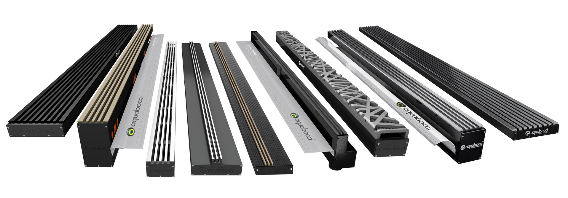 Aquabocci's designer linear drain product range.