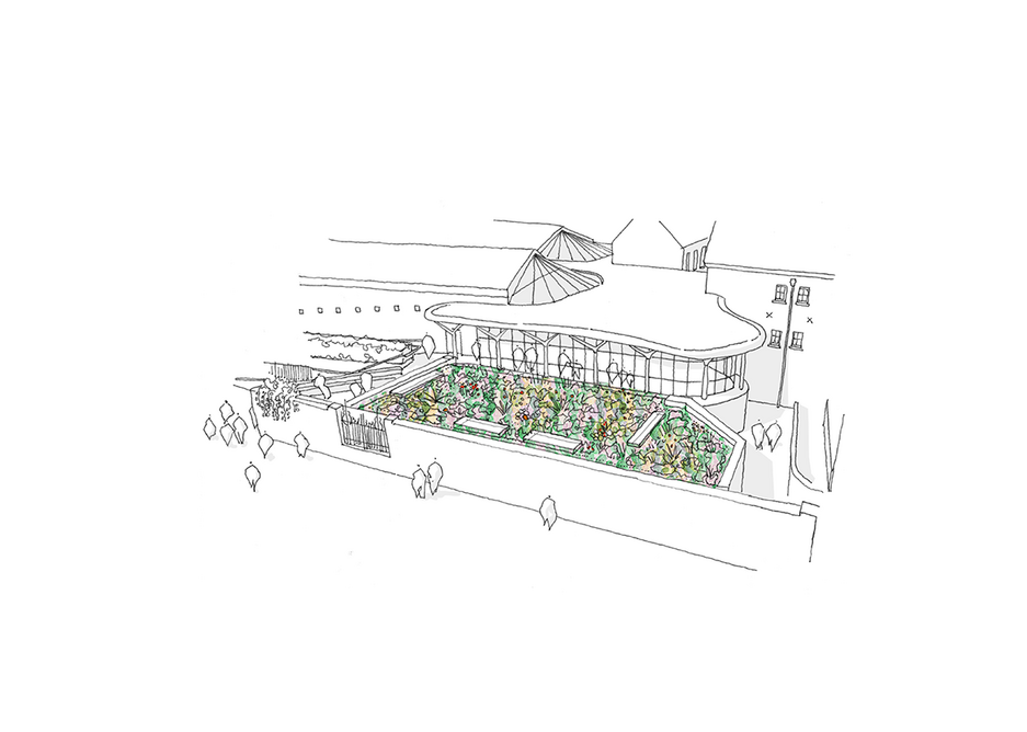 Illustration of the new Museum of the Home Studio with sustainable green roof. Courtesy of Wright & Wright Architects