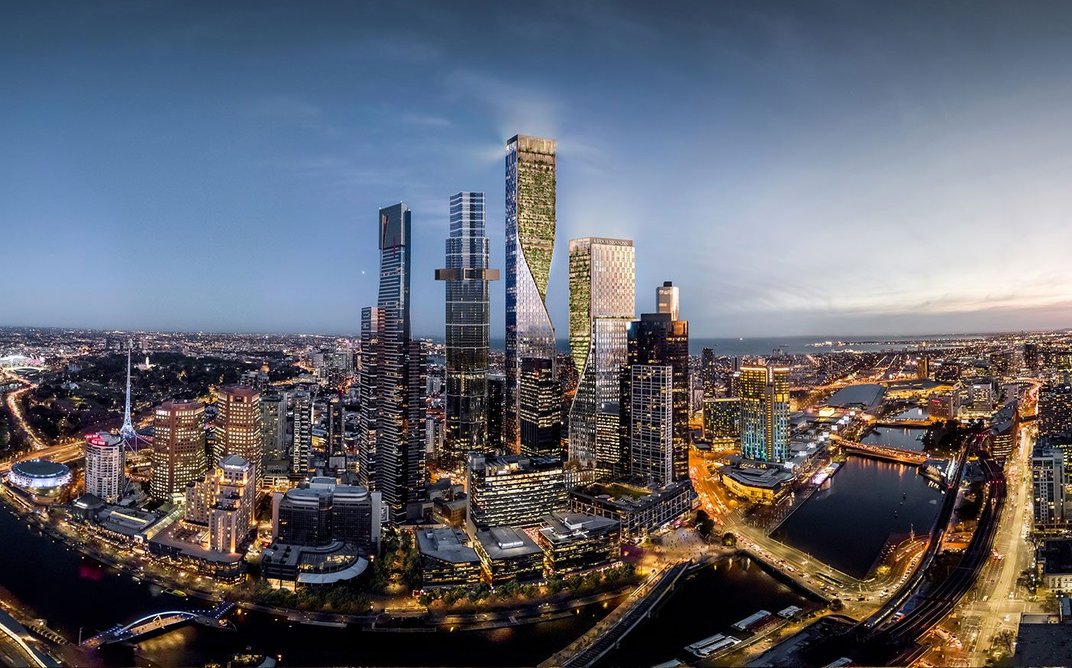 Dusk view of the proposed STH BNK by Beulah (‘the Green Spine’) in Melbourne.