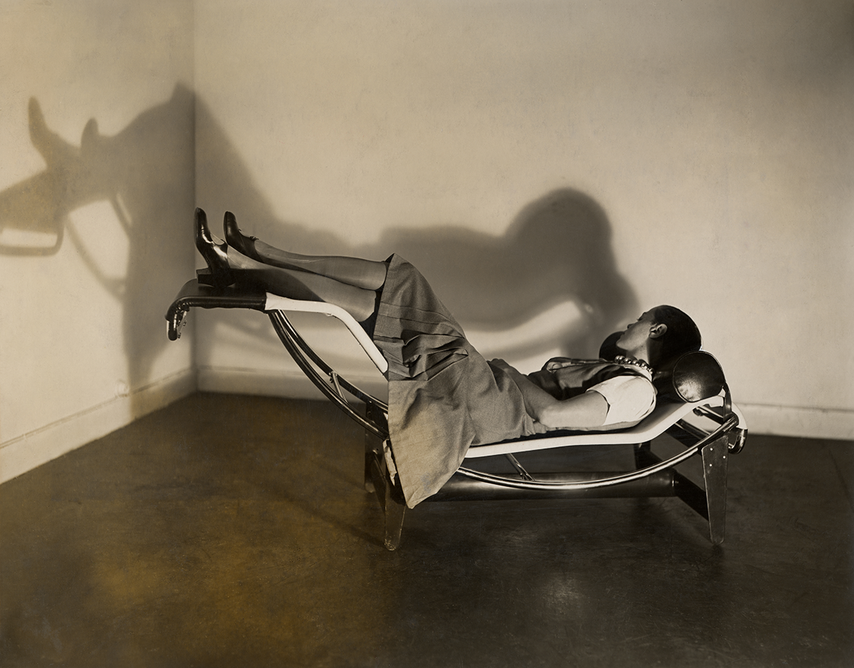 Charlotte Perriand on the chaise longue basculante B306, 1929. © AChP/ © ADAGP, Paris and DACS, London 2021. From Charlotte Perriand: The Modern Life at the Design Museum