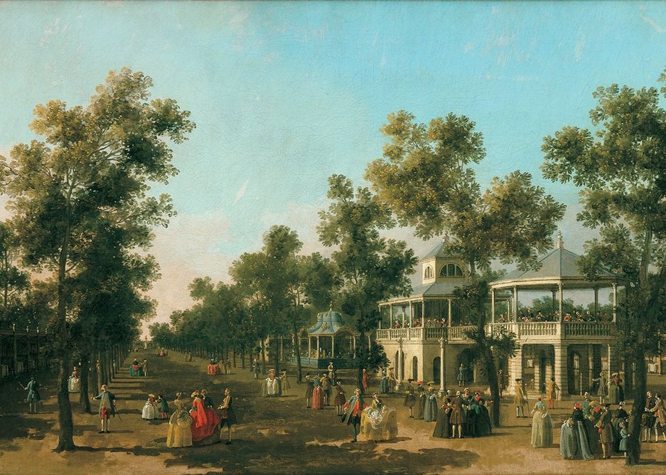 Canaletto draws on green leisure spaces of a newly confident nation, The Grand Walk Vauxhall Gardens.