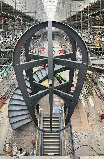 Site progress shot of the kaleidoscope stair at the Young V&A, designed by De Matos Ryan with Andy Toohey of Price & Myers.