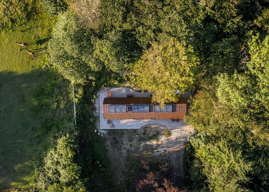 Aerial view of The Author’s House in its tranquil landscape.