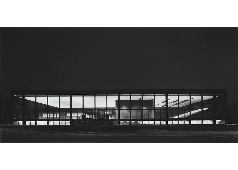 Exterior of Saidye Bronfman Centre at night, 1968, photographed by Richard Nickel. Architect: Phyllis Lambert.