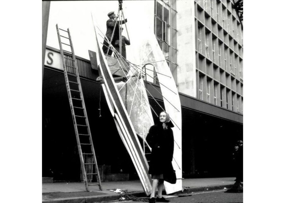 Barbara Hepworth as her Winged Figure was installed, 1961-2  London.