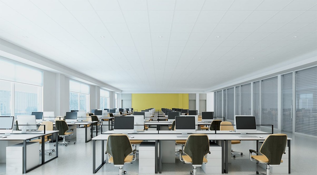 In larger open-plan spaces that still require quiet, Zentia recommends its Prestige hA+ ceiling tiles.