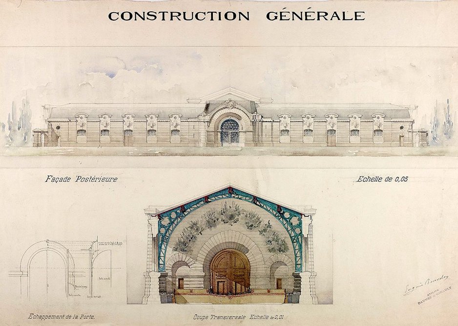 Design for a Military Riding School (Ferme des Ecuries) – rear elevation and cross-section, 1891.