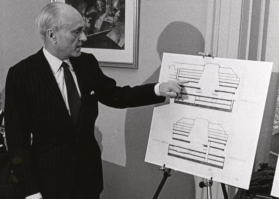 Architect Philip Johnson at approval of design of proposed addition to Central Library building. Credit CC BY 2.0,  City of Boston Archives from West Roxbury, United States .