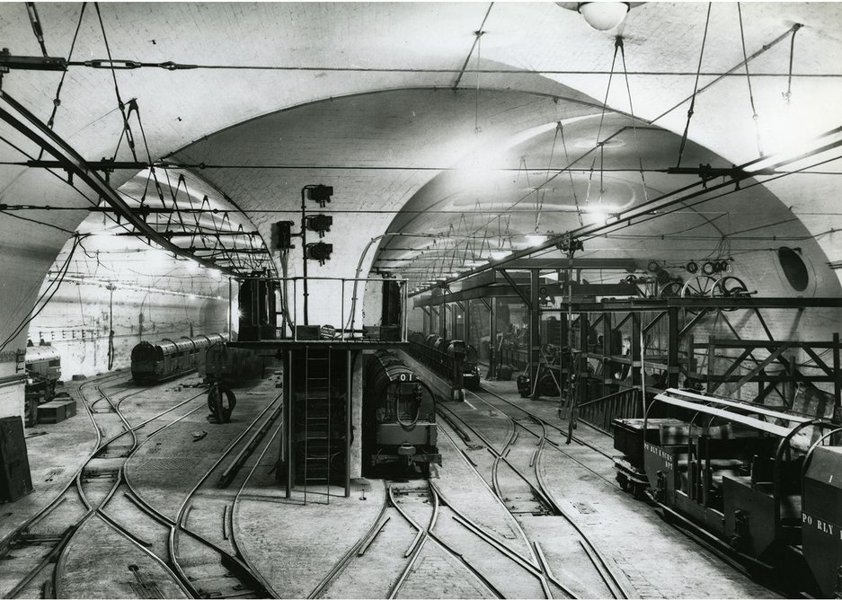 Archive image of Mail Rail car depot and workshop in use.