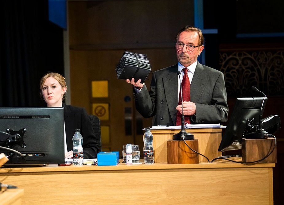 Ron Cook as Richard Millett QC (Counsel to the Inquiry) and Sarah Coates DSM in Grenfell: Value Engineering – Scenes from the Inquiry, a verbatim play at The Tabernacle. Photo: Tristram Kenton