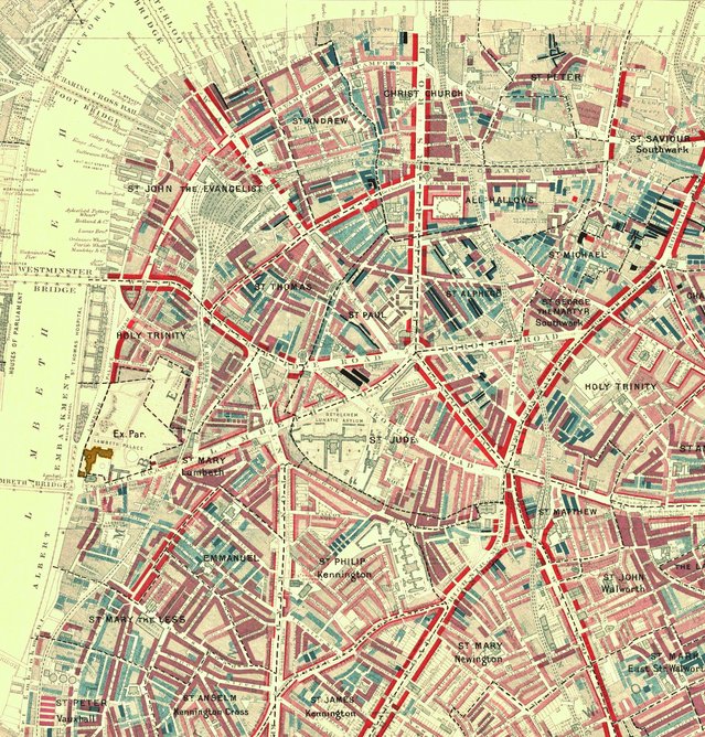 Sheet 9 of Booth’s Descriptive Map of London Poverty,  1898-9, shows parts of Lambeth and Southwark, divided by parish.
