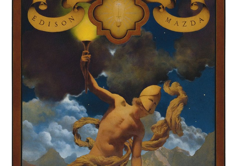 Edison was often compared to Prometheus, who stole light from the Gods for the use of humanity.  The image recapitulates the mystic origin myth of electric light that were common in the early decades of electric lighting. Maxfield Parrish, Prometheus, oil on panel created for General Electric calendars advertising Edison Mazda Lamps, 1919.