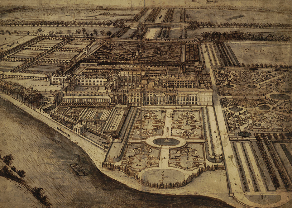 Bird's Eye view of Hampton Court from the South by Leonard Knyff, c1701.