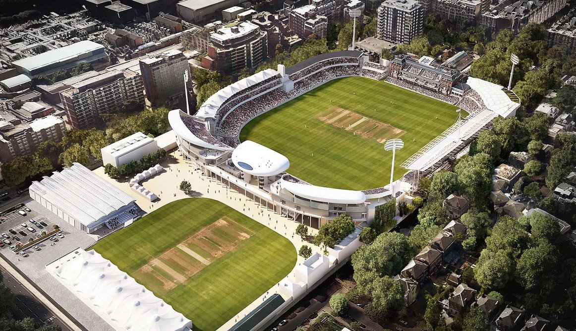 Bird’s eye view of the Compton and Edrich Stands designed by WilkinsonEyre at Lord's. They sit on either side of the Media Centre and between the main ground and Nursery Ground.