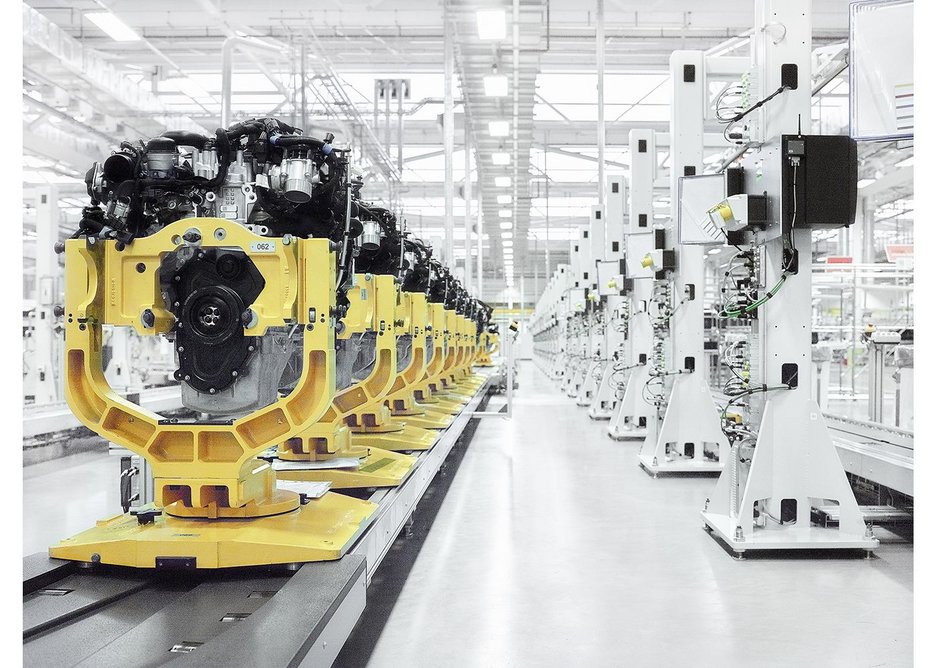 Interior view of the Jaguar Land Rover Engine Manufacturing Centre, Wolverhampton, designed by Arup Associates